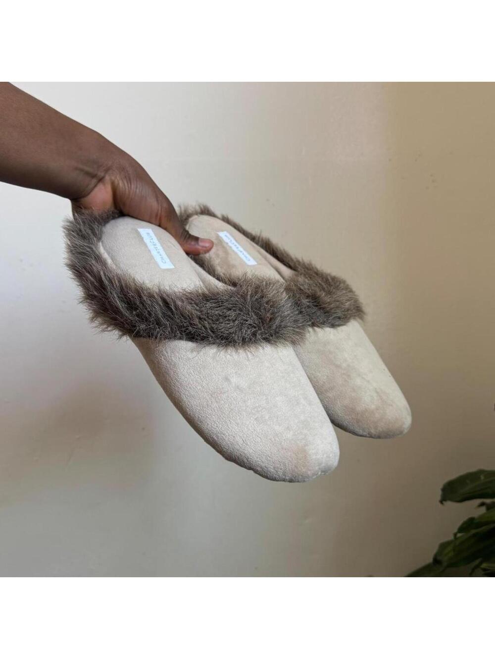 Charter Club Suede Faux Fur Slippers Tan Brown Fluffy House Shoes Large US‎ 9-10